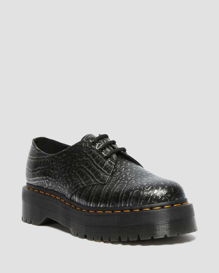 Dr Martens Womens 1461 Croc Emboss Leather Platform Oxfords Black - 49182QVPL